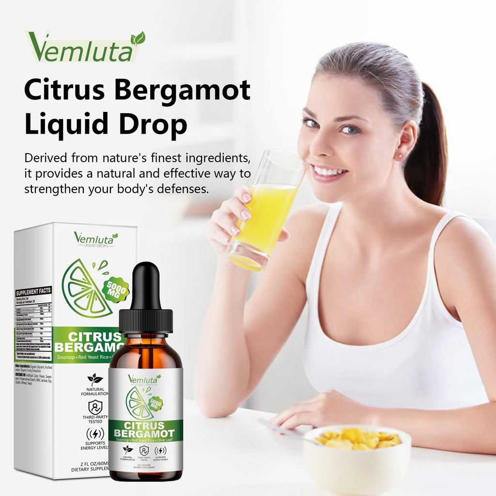 2 Packs 5000mg Citrus Bergamot Liquid Drops-2X Absorption- Cholesterol Lowering Supplement w Soursop, Red Yeast Rice, Olive Leaf, Hight Cholesterol -Soursop Bitters Liquid-Heart & Immune Support