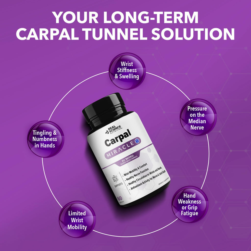 Real Science Carpal Miracle – All Natural Carpal Tunnel Relief & Wrist Support Supplement with Vitamins B6, B12, C, D, K + GABA – Hand & Nerve Comfort – Made in USA, 60 Caps