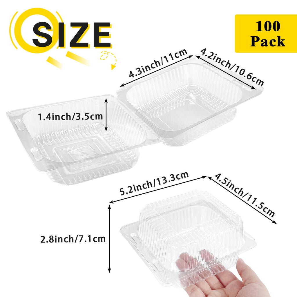 100 Pcs Clear Hinged Plastic Containers with Lids,Individual Cake Slice Containers,Square Plastic Food Container,Disposable Clamshell Take Out Containers for Cakes,Cookies,Pasta,Sandwiches,Salad