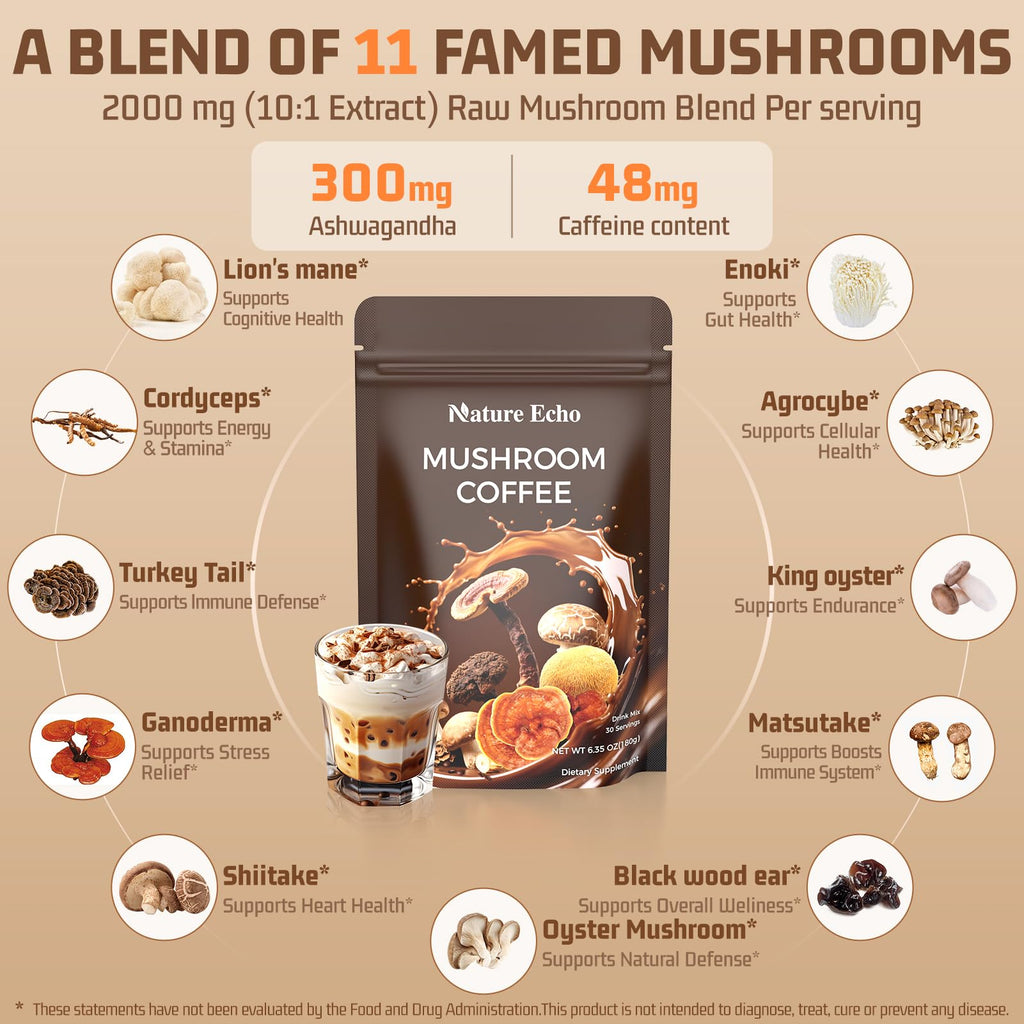 Mushroom Coffee 11 in 1 Mushrooms with Ashwagandha, Lion's Mane, Reishi, Cordyceps, Shiitake, King Oyster & Turkey Tail,Instant Coffee Powder for Energy, Focus, Memory & Immunity Support(30 Servings)
