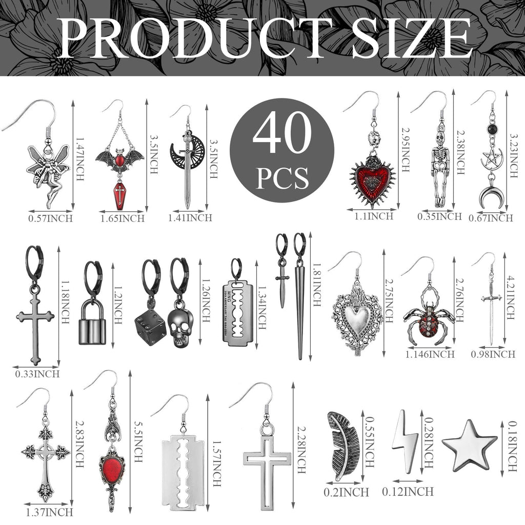 Yinkin 40 Pairs Gothic Earrings Set for Women Men Punk Grunge Y2k Dangle Earrings Bat Cross Snake Skull Goth Jewelry Set(Classic)
