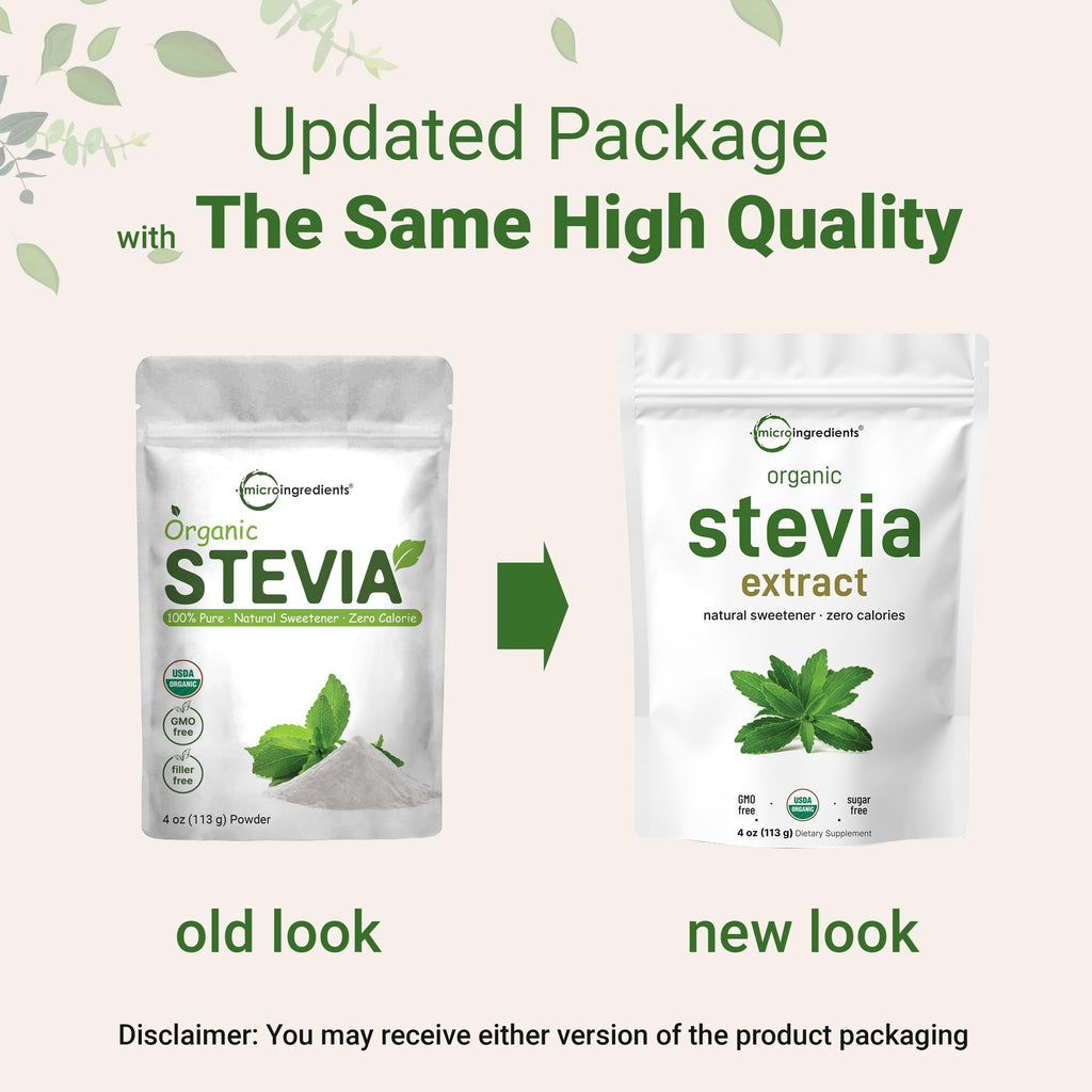 Micro Ingredients Pure Organic Stevia Powder, 4 Ounces, 706 Serving, Highest Grade Stevia Green Leaf Extract Reb-A, Reduced Bitter Aftertaste, 0 Calorie, Natural Sweetener, Sugar Alternative, Keto Friendly