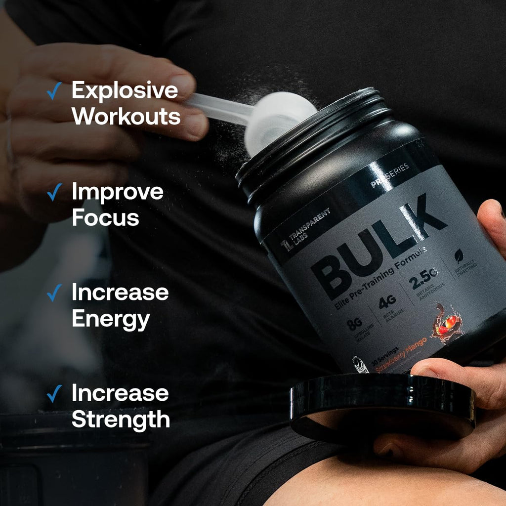 Transparent Labs Bulk Black Pre Workout - Clinically Dosed, Naturally Sweetened Preworkout for Men and Women with Beta Alanine Powder, Citrulline Malate, & Caffeine- 30 Servings, Blue Raspberry