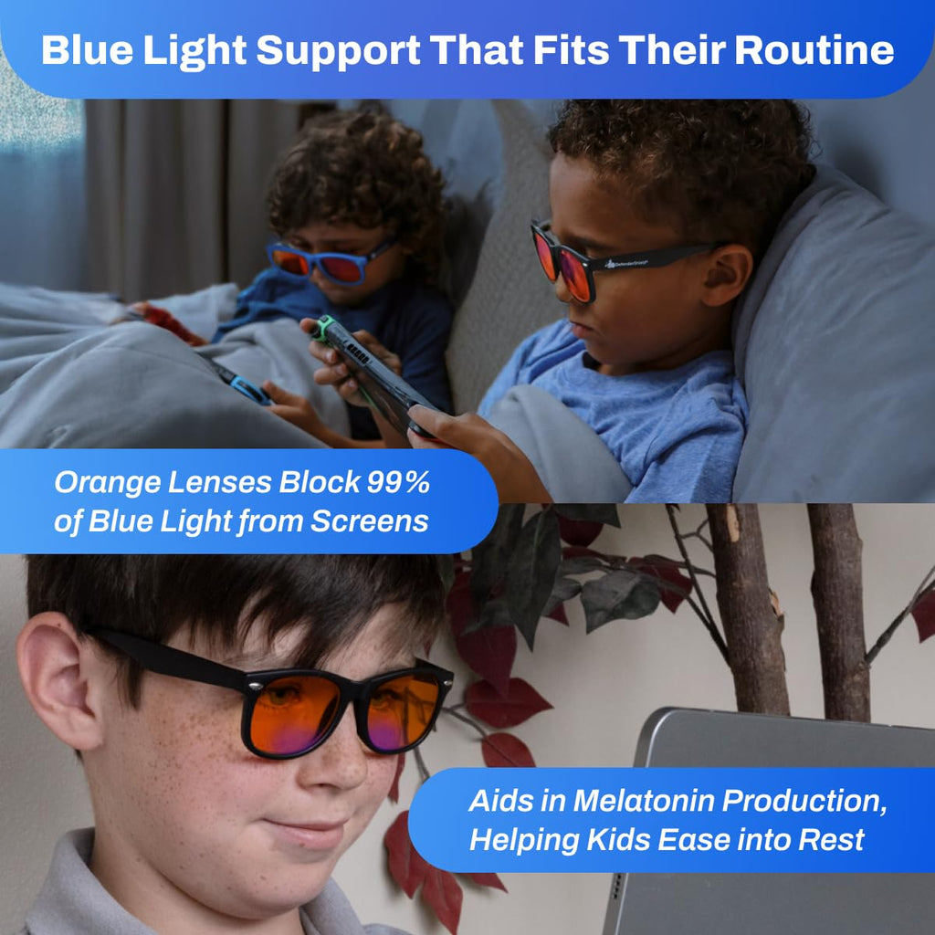 DefenderShield Blue Light Glasses For Kids – Kids Blue Light Glasses Girls and Boys With Orange Lenses (99% Blue Light Blocking) For Screens – Lightweight, Flexible & Shatterproof Black Fit Frames