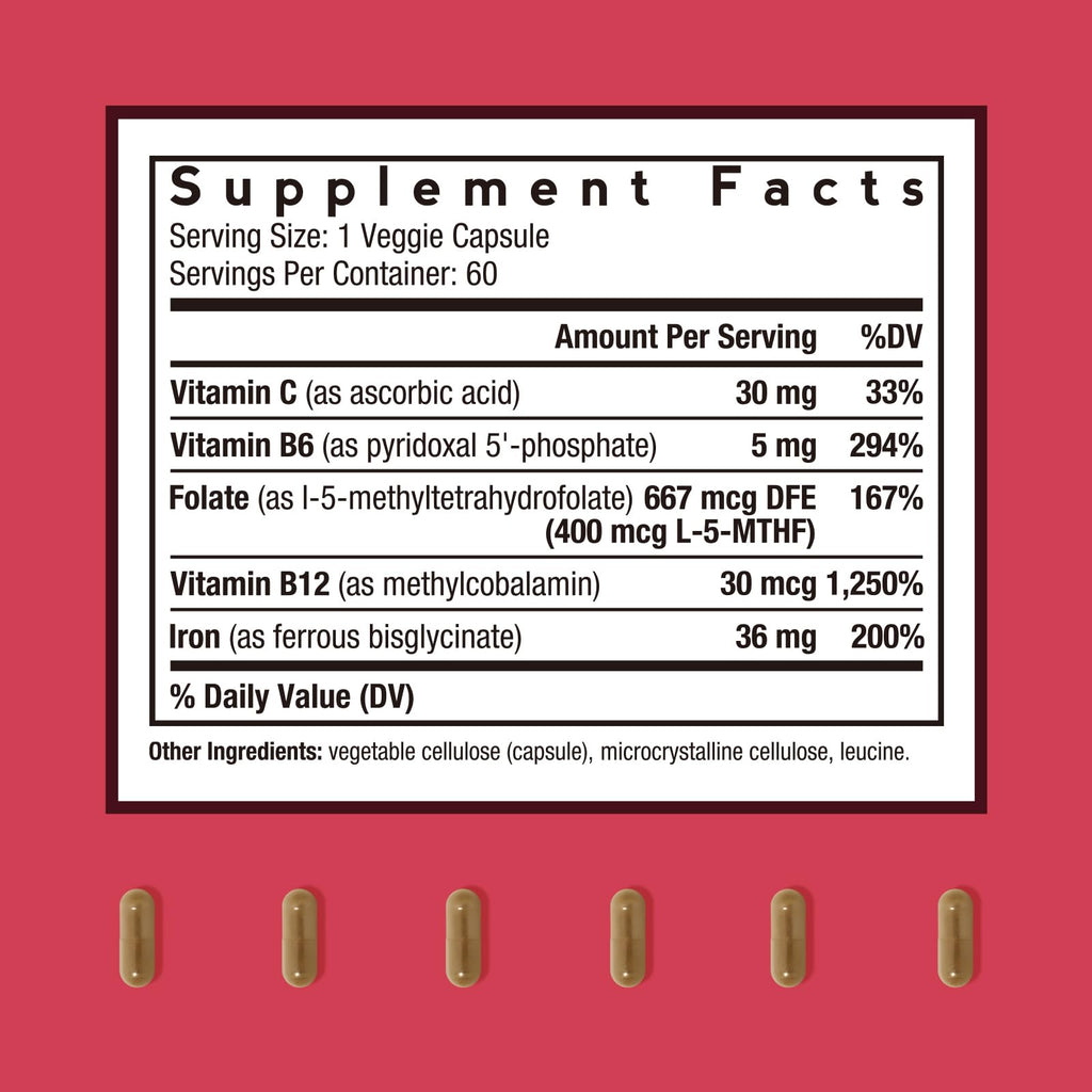 Doctor's Recipes Iron Supplement, Iron Bisglycinate with Vitamin C, B6, Folate & B12, Non-Constipating, Stomach Friendly, Gentle Iron Pills, 60 Vegan Caps