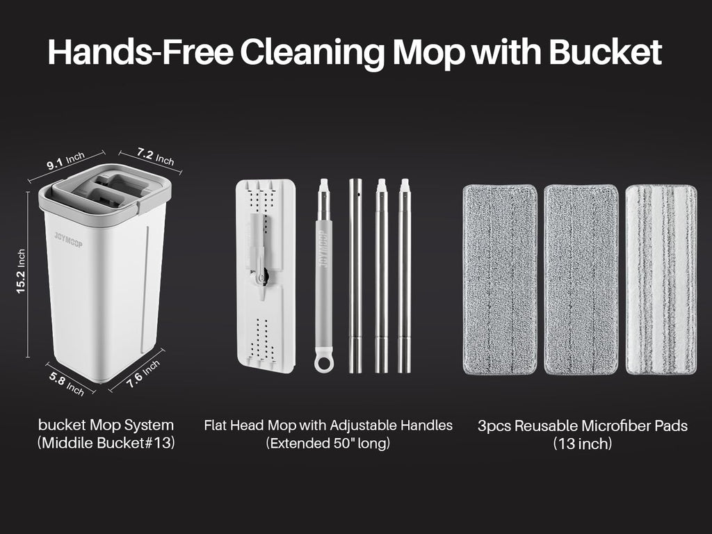 JOYMOOP Mop and Bucket Set, Hands-Free Flat Floor Mop with 3 Washable Microfiber Pads, Wet and Dry Use, Ideal for Home and Commercial Floor Cleaning