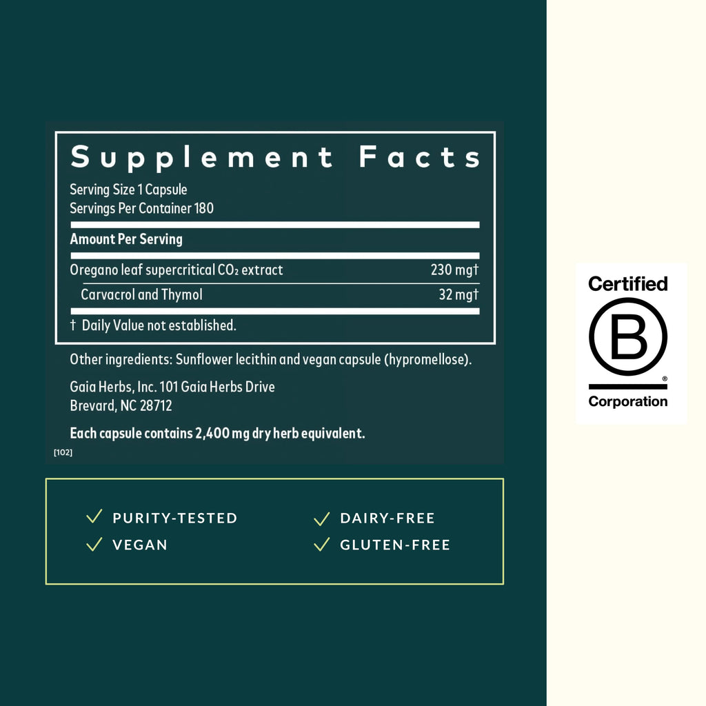 Gaia Herbs Oil of Oregano - Immune & Antioxidant Support Supplement - with Oregano Oil, Carvacrol & Thymol* - 180 Vegan Liquid Phyto-Caps (180 Servings)