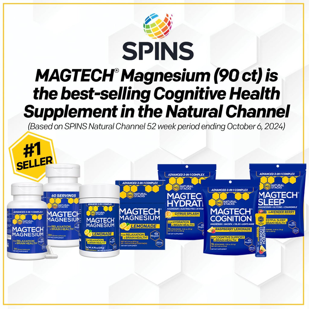 MagTech Magnesium Drink Mix - Sugar Free Lemonade - 3 Forms of Magnesium: Magtein L-Threonate, Glycinate & Taurate - 200mg Chelated Magnesium Complex - Supports Relaxation & Brain Health - 20 Servings