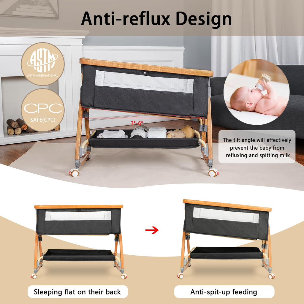 Komcot High Chair, Bedside Bassinet for Baby, 6 Height Adjustable Baby Bed, 3 in 1 Bassinet Bedside Sleeper with Wheels, Mosquito Net, Portable Bedside Crib for Infant/Baby/Newborn