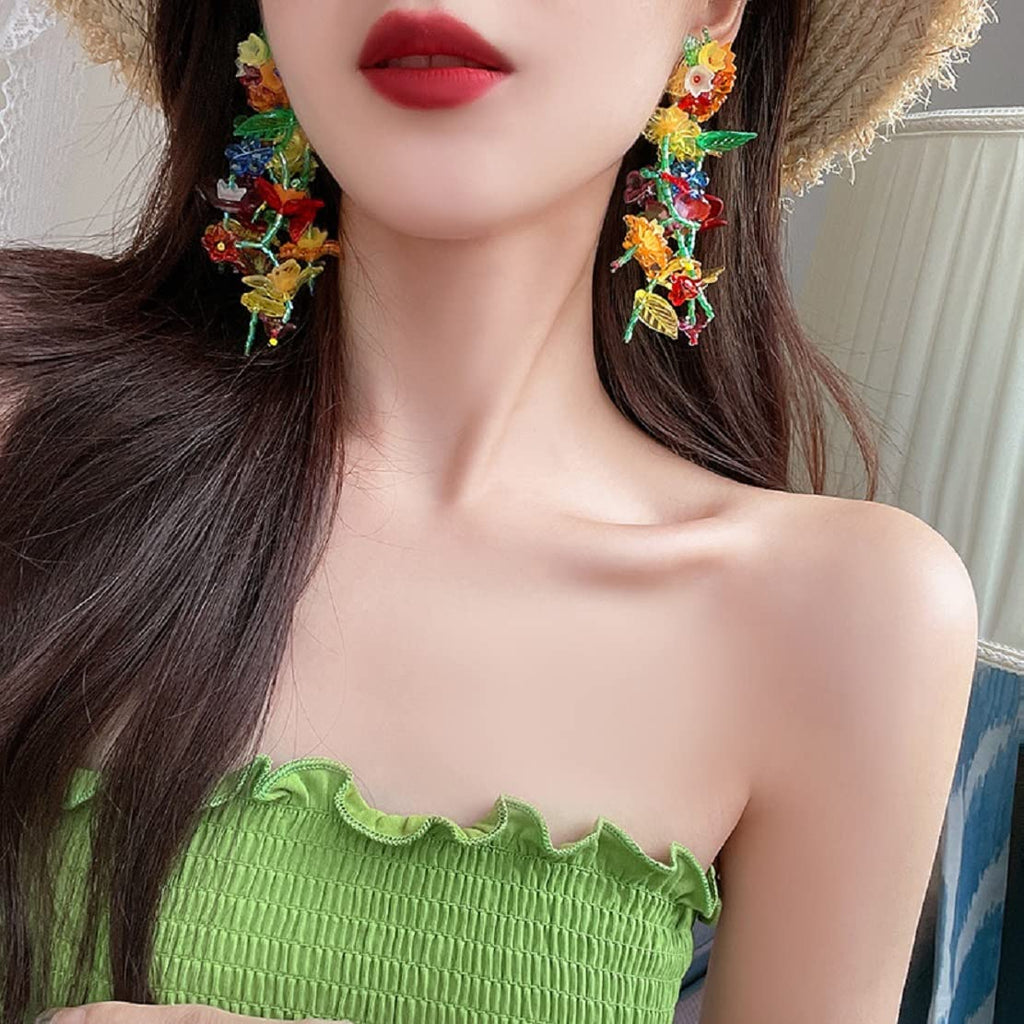 Hypoallergenic Rainbow Flower Floral Statement Dangle Earrings - Colorful Tassel, Beaded Leaf Cluster Drop Earrings