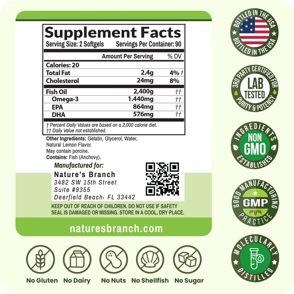 Triple Strength Omega 3 Fish Oil Supplements 2400mg | 180 Capsules, Burpless High Potency Lemon Flavor, High EPA DHA for Men & Women Ultra Pure Softgels | Joint Support, Eyes, Heart Brain Health Pills