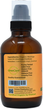 PRIME NATURAL Organic Moringa Oil USDA Certified, 100% Pure, Cold Pressed, Virgin, Unrefined Oil (4oz /120ml) - Joints, Skin, Face, Body & Hair - Vegan - Food Grade - Natural Moisturizer