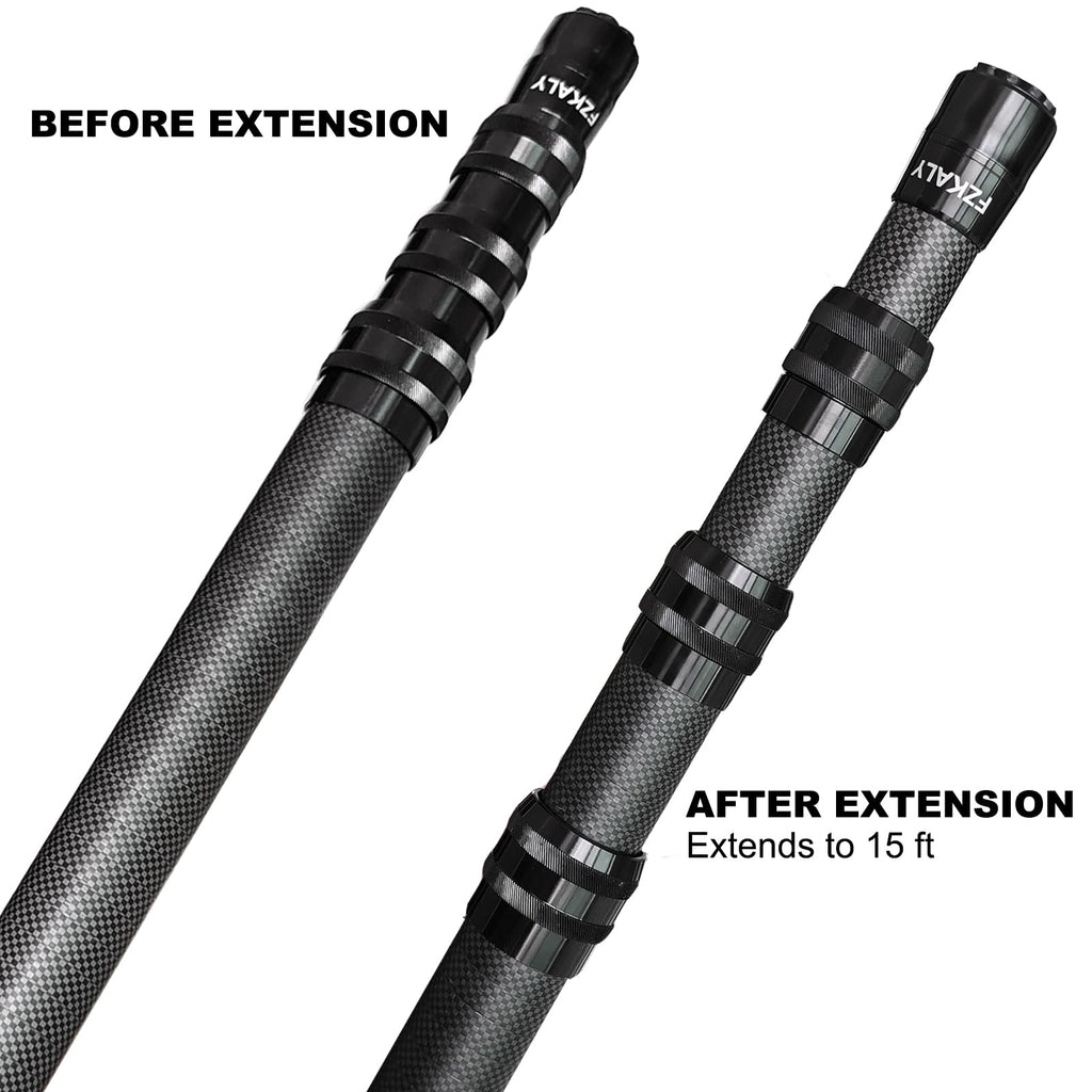 Fzkaly Carbon Fiber Pool Pole, Professional 15 FT Telescoping Swimming Pool Cleaning Pole 4.6 to 15 FT, Ultra-Lightweight 4-Section Adjustable Skimmer Pole for Nets, Brushes, Vacuums – Rustproof