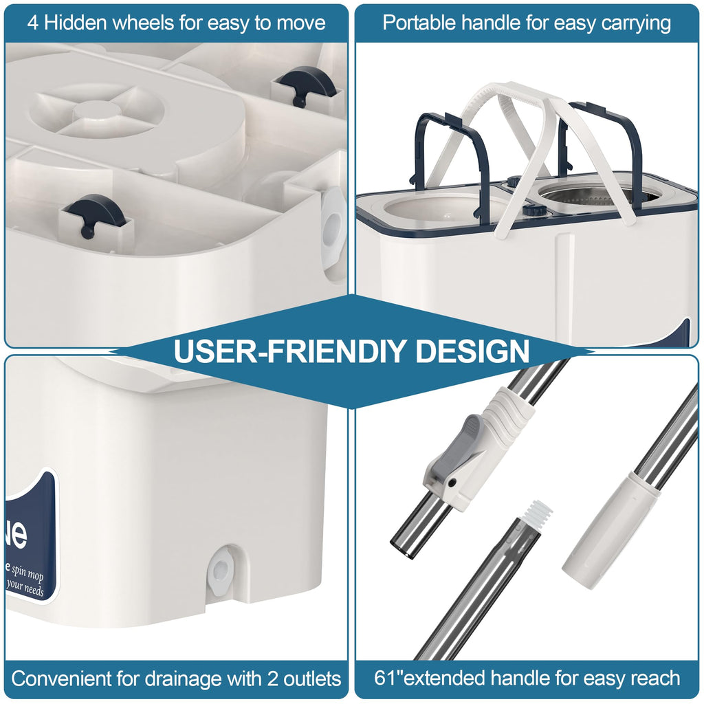 Gen 1 Large-Capacity Spin Mop and Bucket – for Big Homes & Deep Cleaning Days,4-Chamber System Separates Dirty & Clean Water, 2-GAL Heavy-Duty Design with Wheels & 8 Refill Mop Heads - White/Blue