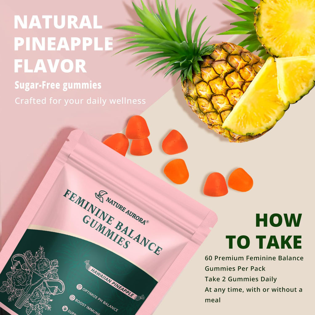 Nature Aurora Premium Feminine Balance Gummies - Women's pH Balance & Vaginal Probiotics Support with Immune Support - Vegan, Gluten-Free - Hawaiian Pineapple Flavor - 60 Count