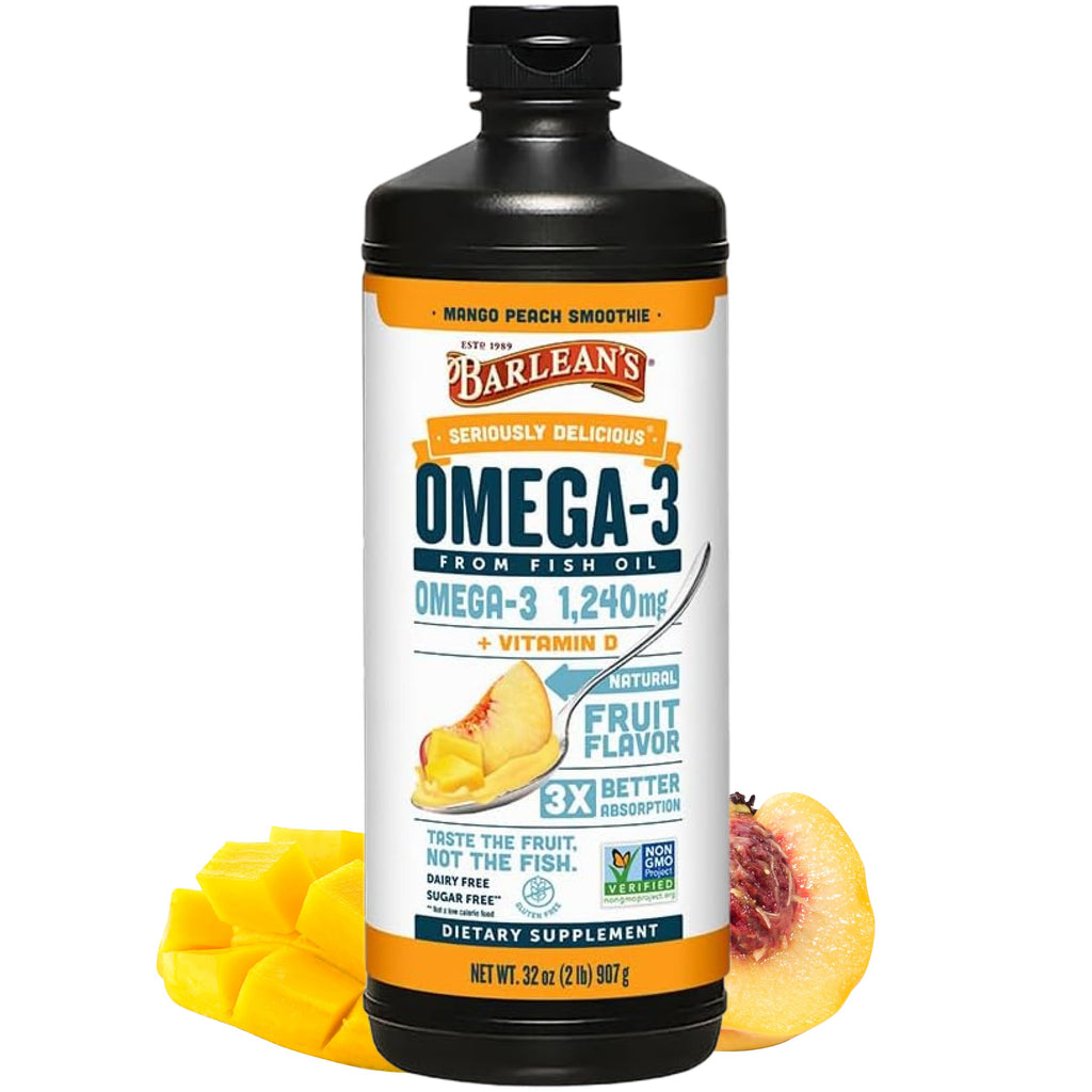 Barlean's Omega 3 Fish Oil Liquid Supplement with Vitamin D for Men and Women, 1080mg of EPA and DHA Fatty Acid, Promotes Brain & Heart Health - Non-GMO, Mango Peach, 32 oz
