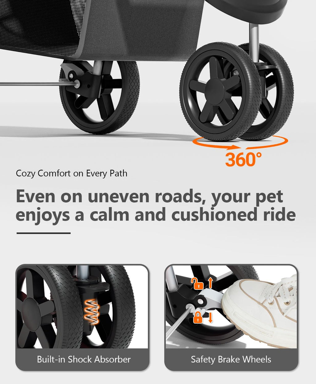 OS MOTOR Pet Stroller with 3 Wheels for Small/Medium Pets, Portable Travel Foldable Carrier Jogger for Dog Cat Puppy Kitty, Rear Wheel Breaks, Storage Basket, Visible Mesh with Weather Cover (Black)