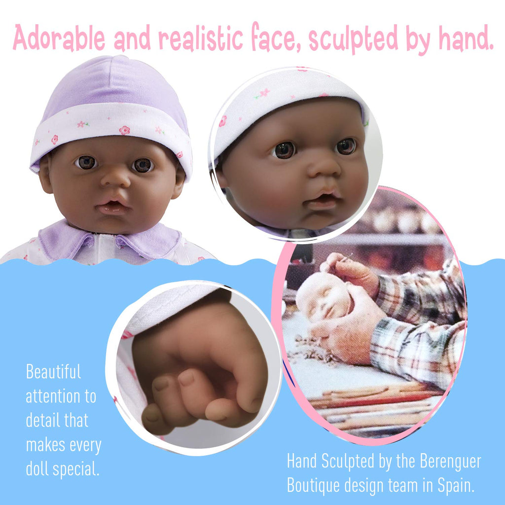 JC Toys African American 16-inch Medium Soft Body Baby Doll La Baby | Washable |Removable Purple Outfit w/ Hat and Pacifier | for Children 12 Months +, 16 inches