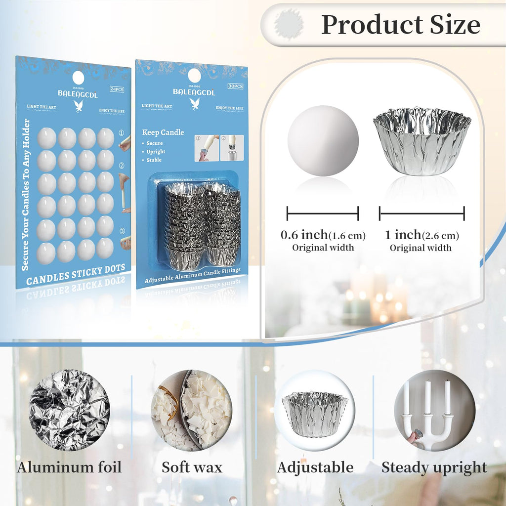 Taper Candle Fittings Set 30 Silver Bobeches & 24 White Sticky Dots for Secure Placement in Taper Candle Holders