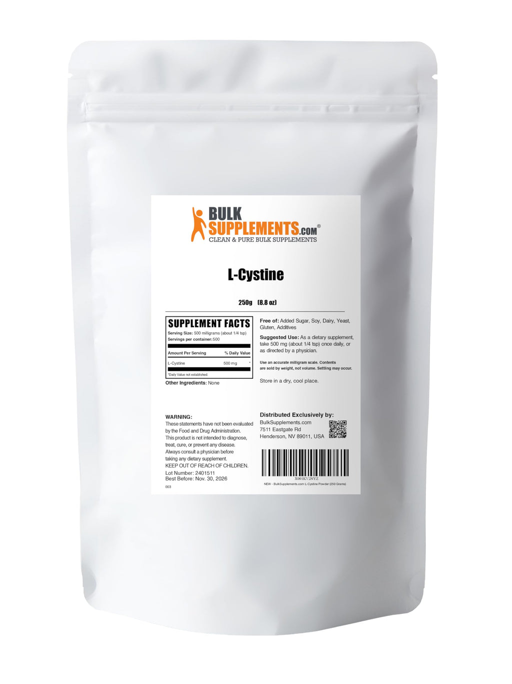 BulkSupplements.com L-Cystine Powder - L-Cystine 500mg, L-Cystine Supplement, Amino Acid Supplement - for Immune Support, Gluten Free, 500mg per Serving, 250g (8.8 oz) (Pack of 1)