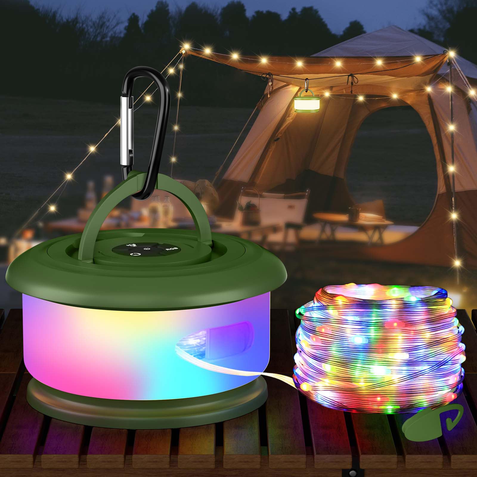 Bylitodt Camping String Lights, Retractable 32.8ft RGB Flash Lamp, Rechargeable Fairy LED Rope Lights Outdoor Waterproof, Portable Hanging Lantern for Outside Tent Patio Awning Garden RV Essentials