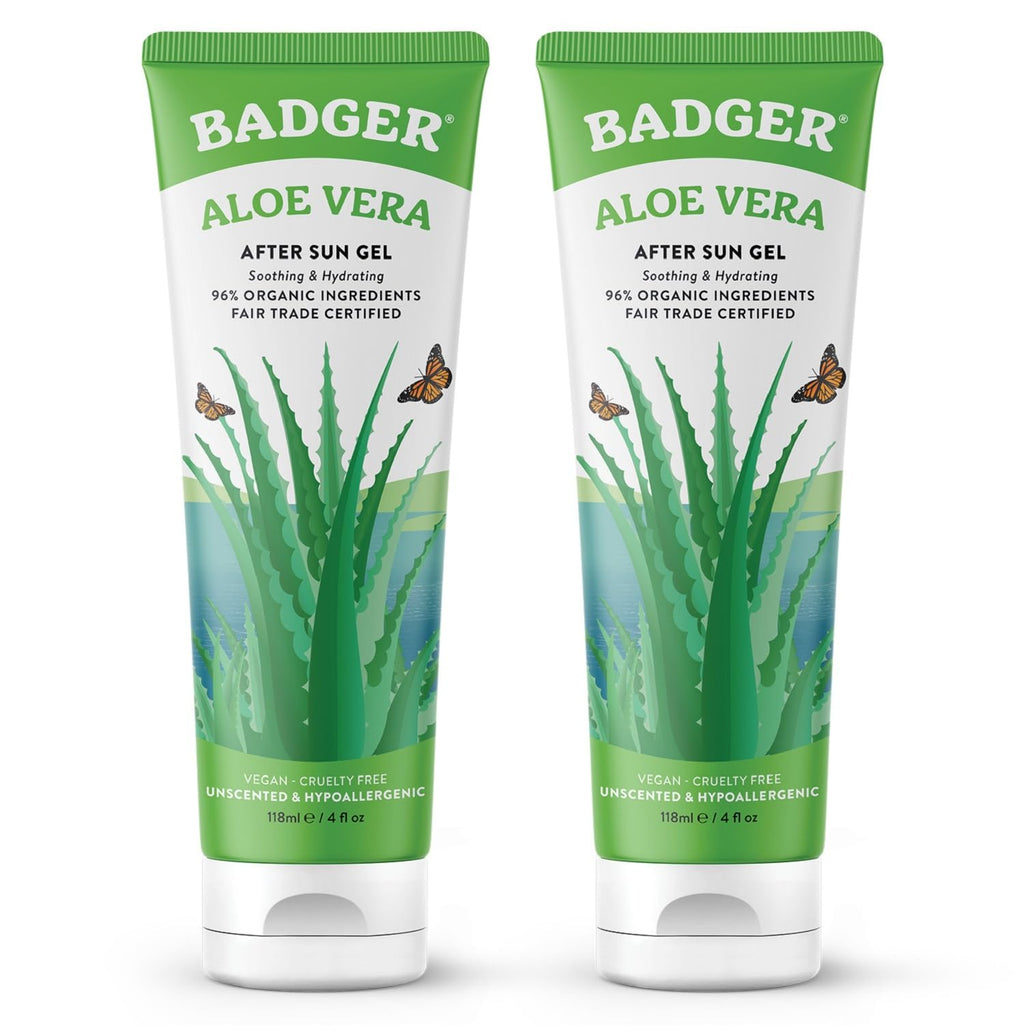 Badger Organic Aloe Vera Gel for Face & Body, 96% Pure Unscented Organic Aloe Gel for Cooling, Soothing, Non-Sticky Sunburn Relief, Vegan, Fair Trade & Hypoallergenic, 4 fl oz, 2-Pack