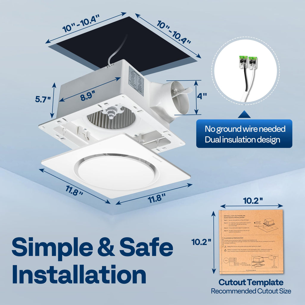 VIVOHOME AutoFlow Bathroom Exhaust Fan with Humidity Sensor 110CFM - Energy-Saving EC Motor,10.2-inch Ceiling Retrofit Bath Fan, No Attic Access Needed(Install Kit, 4-in Duct Included)
