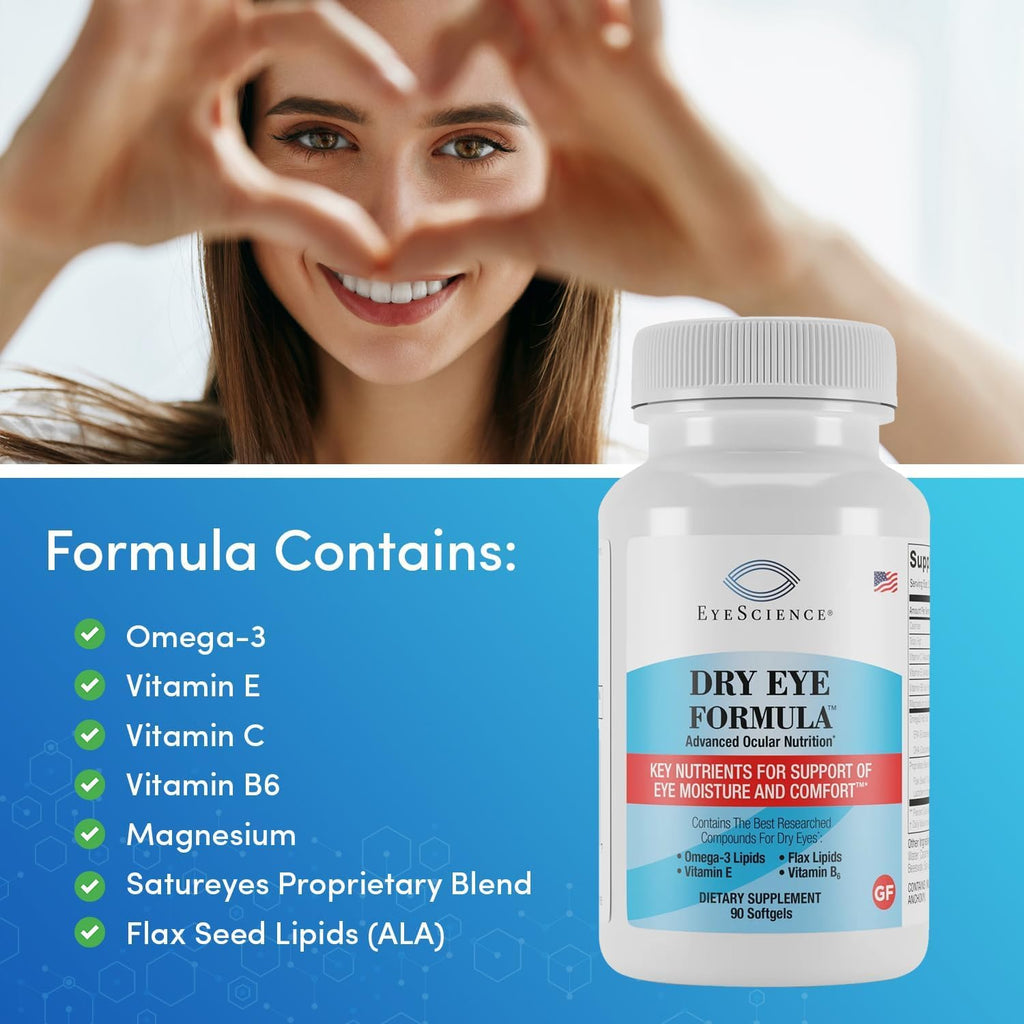 EyeScience - Dry Eye Formula - 90 Softgels - for Relief, Omega-3, Vitamins E, C & B6, Magnesium - Tear Production & Lasting Comfort - 2 Pack