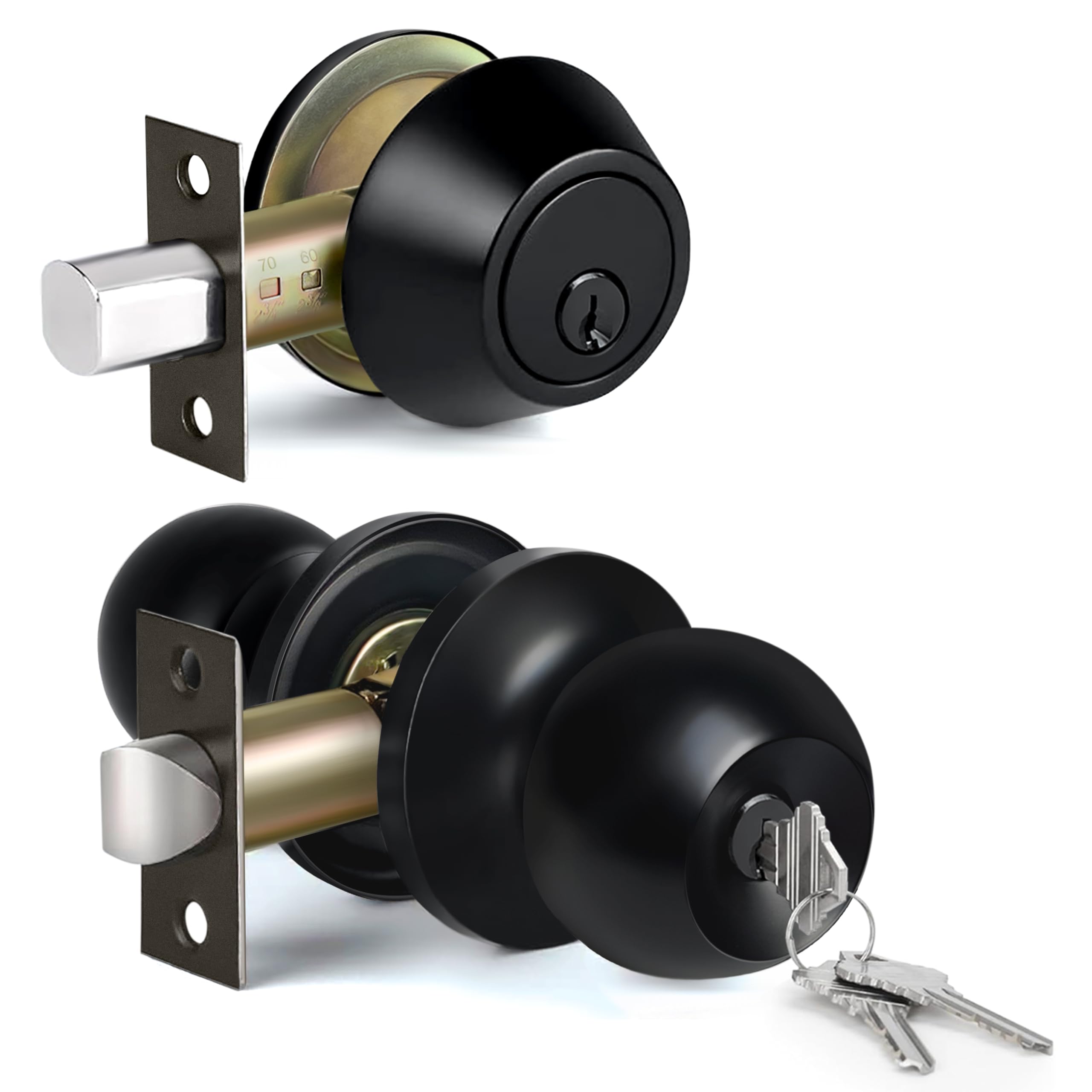 BESTTEN Keyed Alike Exterior Door Knob with Key Lock and Deadbolt, All Keyed Same, Matte Black Entry Door Knobs with Lock and Keys for Entrance and Front Door