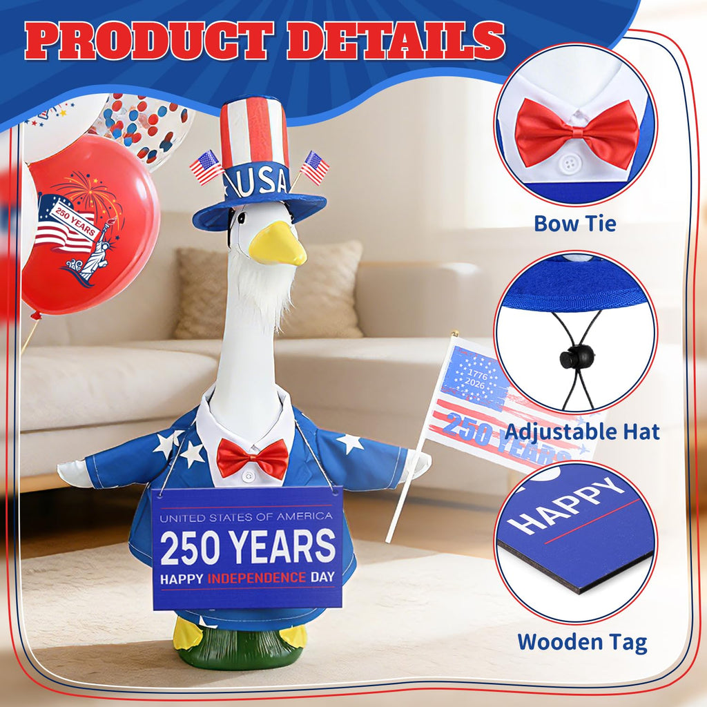 MOVINPE 4th of July Porch Goose Outfit, 250th Anniversary Patriotic Costume Set for 23'' Lawn Goose Statues – Door Sign, Dress Coat, Top Hat, Fake Beard, Flags & Balloons Uncle Sam Lawn Decor