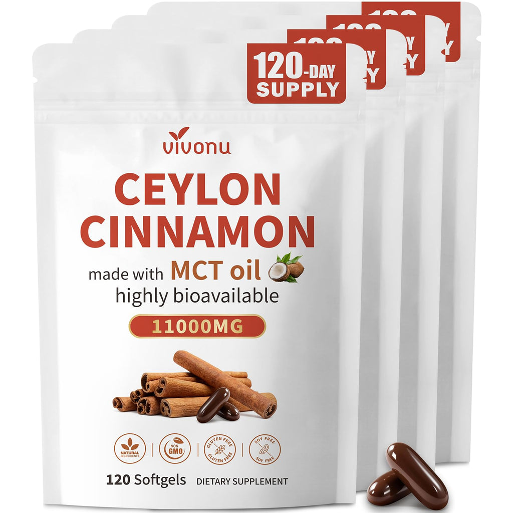 VivoNu 2-in-1 Organic Ceylon Cinnamon with MCT Oil Supplements Softgels, 480 Day Supply, Liposome Highly Bioavailable Extract, Energy & Metabolism Support, Non-GMO, Gluten Free, 480 Softgels, 4 Bag