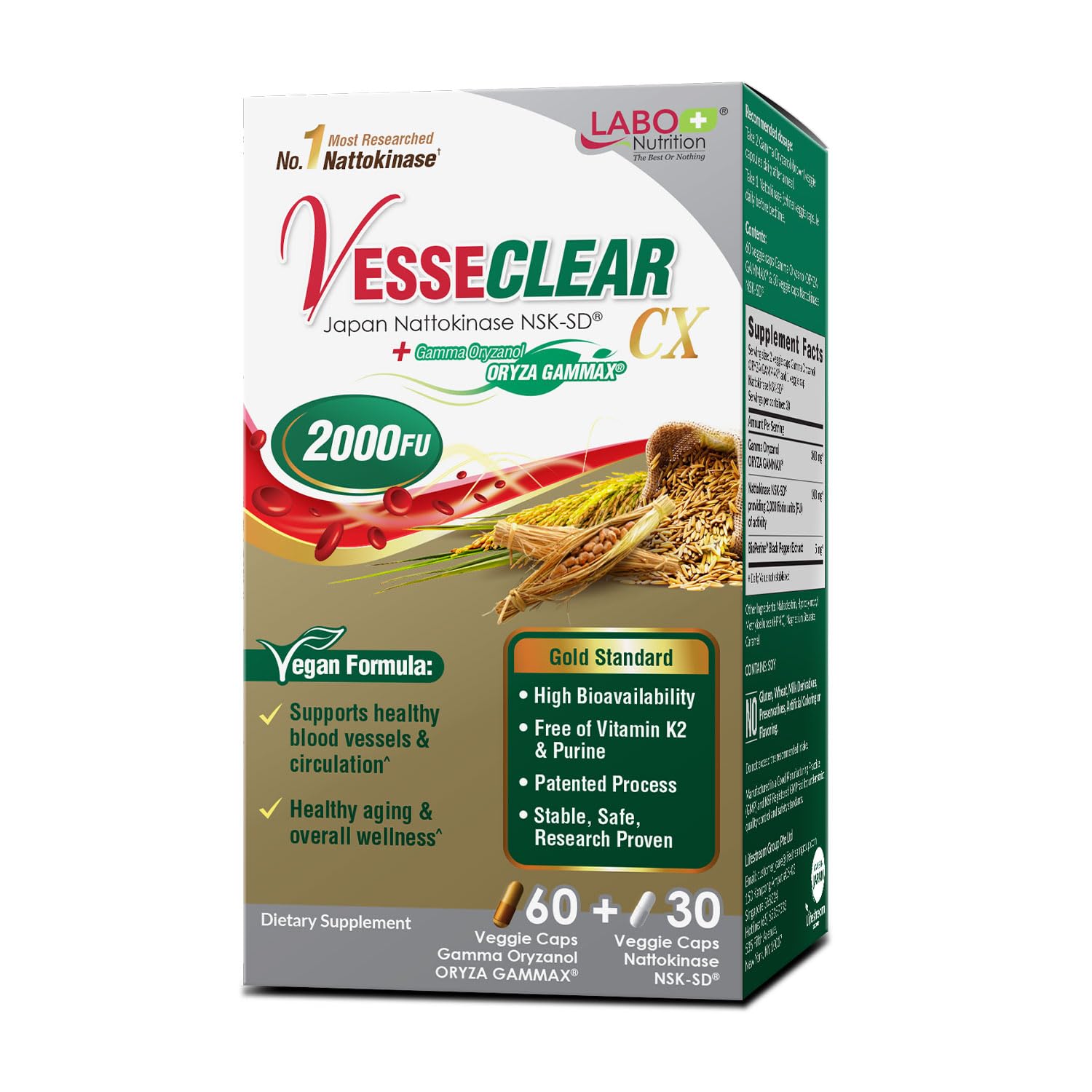 LABO Nutrition VesseCLEAR CX Nattokinase NSK-SD with Gamma Oryzanol — Daily Supplement for Healthy Blood Circulation and Cardiovascular Support — 90 Vegan DRcaps