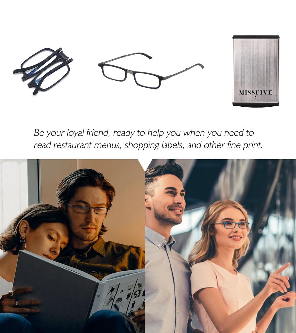 Missfive Premium Folding Reading Glasses Blue Light Blocking for Men Women, Ultra Thin Foldable Portable Travel Readers with Durable Pocket Metal Case, Black Lightweight Compact Eyewear 1.5x