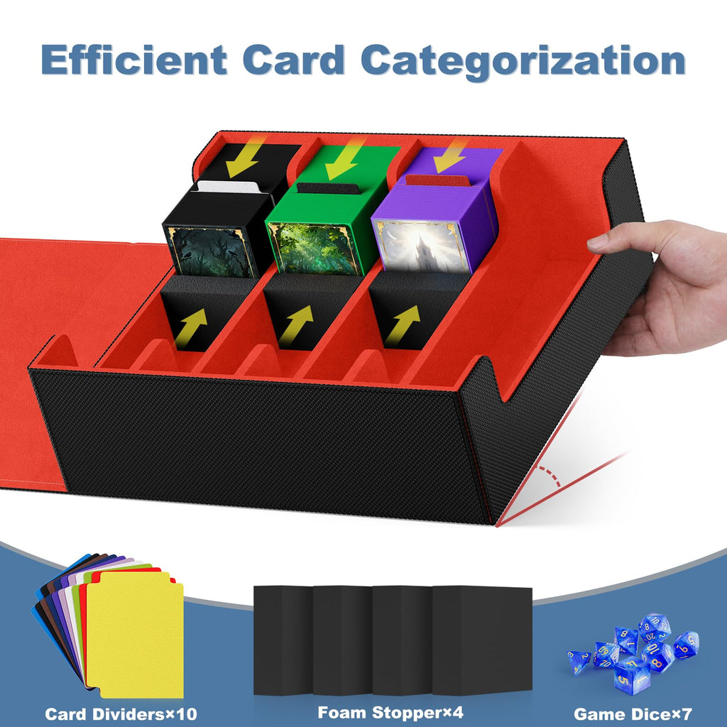 Mlikero Card Deck Case, 2400+ Trading Card Storage Box with 10 Colorful Dividers and 4 Foam Stoppers, Leather Magnetic Closure Commander Deck Box Fit for MTG, TCG (4 Rows, Black&Red)