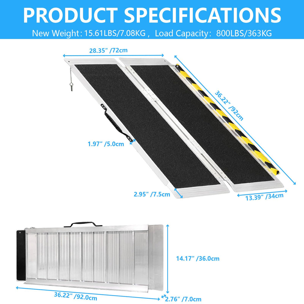 3FT Portable Wheelchair Ramp, Non-Slip Aluminum Folding Handicap Ramp, 800 LBS Capacity Door Threshold Ramps for Home Steps, Scooter Ramp for Car, Doorways, Curbs, Stairs, Cart, Wheel Chair Steps
