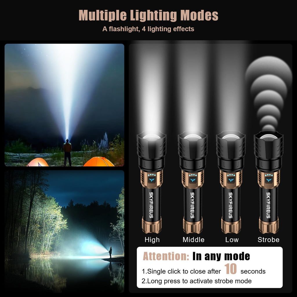 SKYFIRE Rechargeable Flashlights High Lumens,10000mAh Super Bright Flashlight Zoomable 4Modes Waterproof LED Tactical Flash Light for Camping Essentials,Outdoor and Home Emergencies