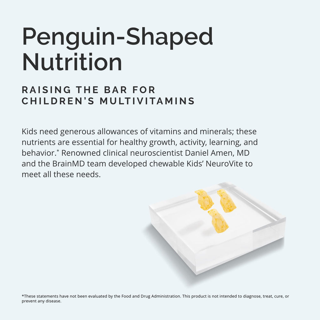 BRAINMD Dr Amen Kids’ NeuroVite, Orange Flavor - 120 Penguin-Shaped Chewables - Multivitamin & Mineral Supplement - Promotes Healthy Development & Growth - Gluten Free - 60 Servings