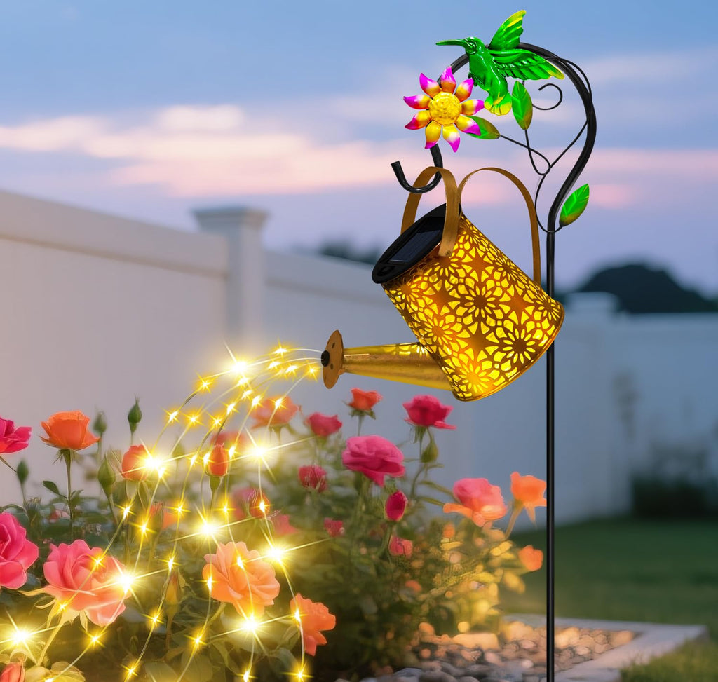 Solar Metal Watering Can with Hummingbird Shepherd Hook and Cascading Lights, Outdoor Solar Lantern for Garden, Yard, Patio Decor and Gardening Gifts for Women Mother's Day