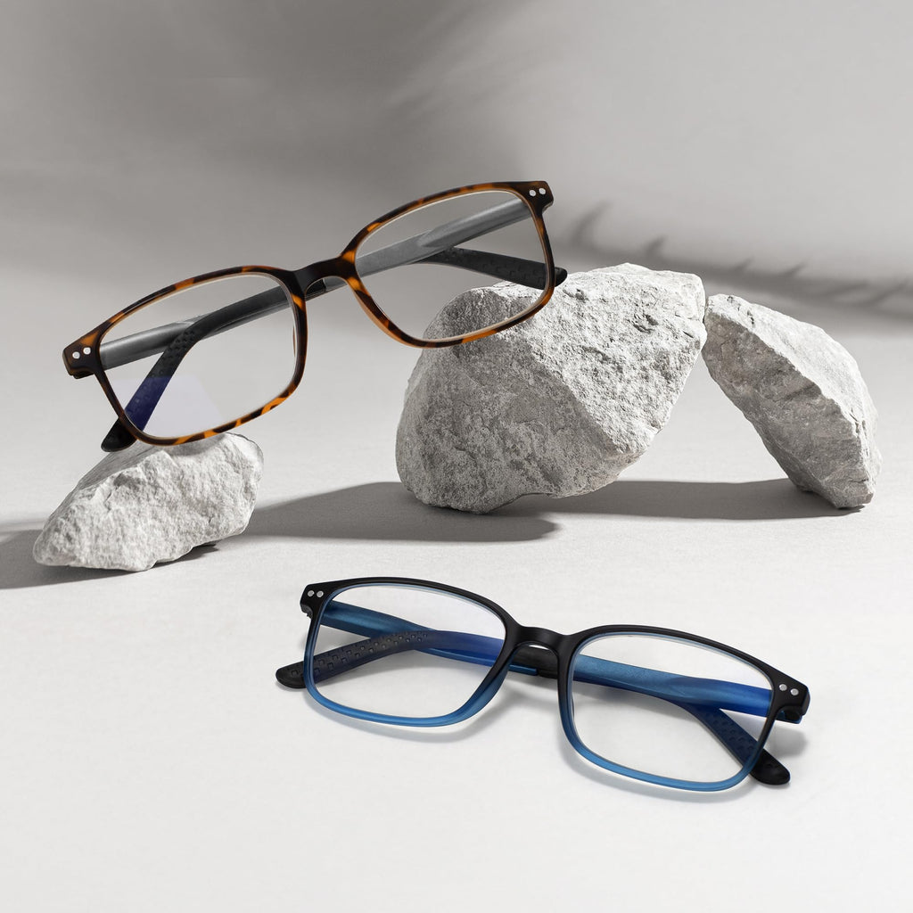 EASY READ 2 Pack TR90 Reading Glasses for Men,Sporty Rectangular Blue Light Blocking Readers with Spring Hinge(Magnification 2.25,Tortoise/Gradient Blue)