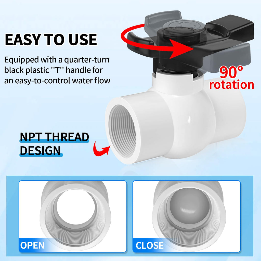 Boltigen 2 inch PVC Ball Valve Threaded, 2Pack Double Female NPT PVC Shut Off Valves with Full Flow Port, SCH40 Plastic Water Control Valve, for Swimming Pool, Agricultural Irrigation, Sewage Pipes