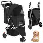 KMFurnila 3 Wheel Pet Stroller for Dogs, Cats Stroller with Storage Basket and Cup Holders, Foldable, Lightweight and Durable, Ideal for Small to Medium Pets, Home Cleaning, Black