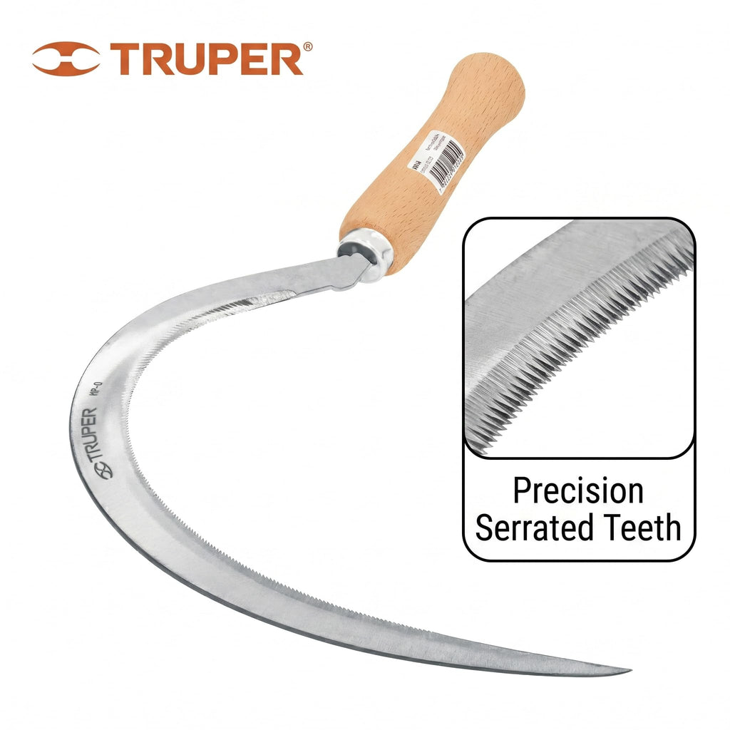 Truper Serrated Grass Sickle 16", High-Carbon Steel Blade, Lightweight Wooden Handle, Hand Scythe for Manual Harvesting and Weed Clearing (Model 15120)
