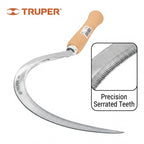 Truper Serrated Grass Sickle 16", High-Carbon Steel Blade, Lightweight Wooden Handle, Hand Scythe for Manual Harvesting and Weed Clearing (Model 15120)