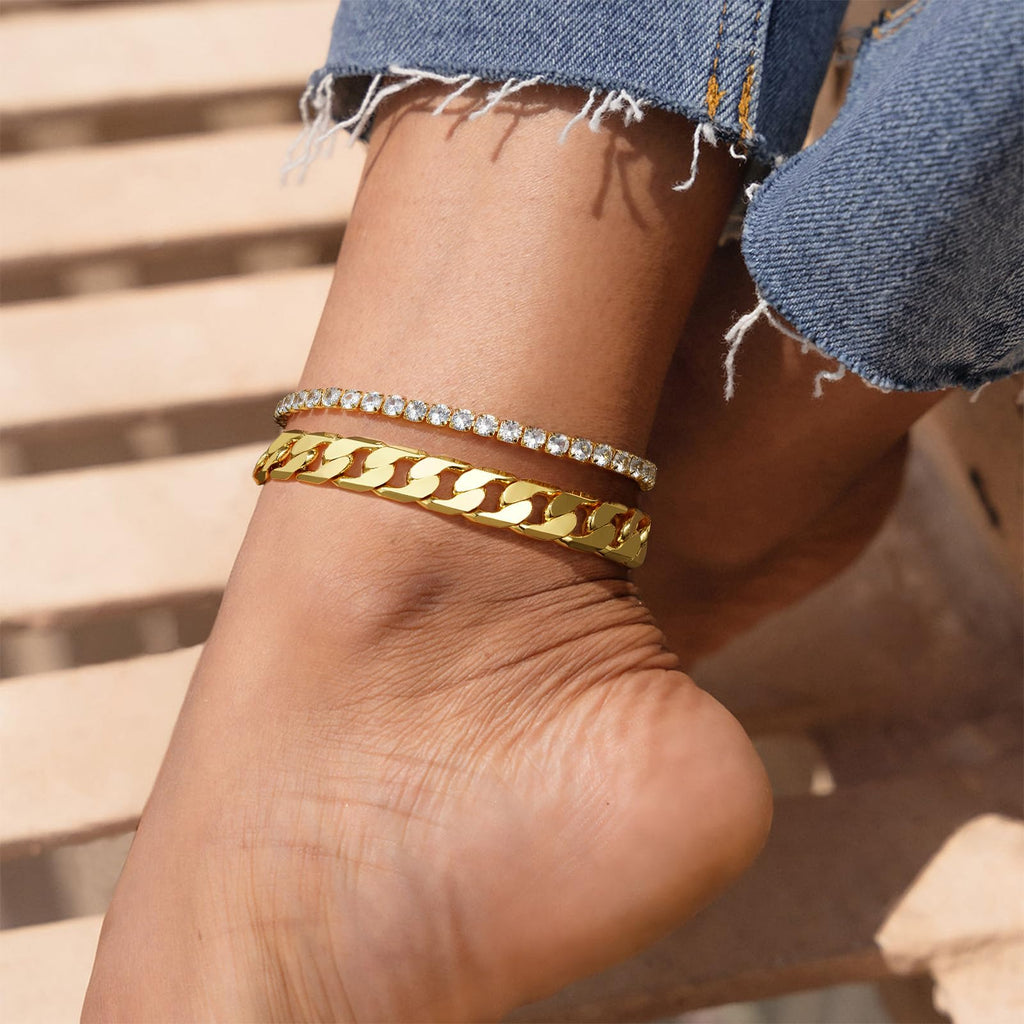 KissYan Gold Ankle Bracelets for Women, 14K Gold Plated Cuban Anklets (08G)