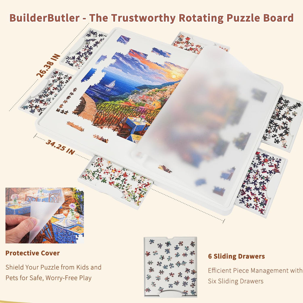 BuilderButler Lightweight 1500 Pieces Rotating Puzzle Board with 6 Sliding Drawers and Cover – 360° Lazy Susan Spinning, 34.25"x26.38" Portable Plastic Puzzle Table, for Mom