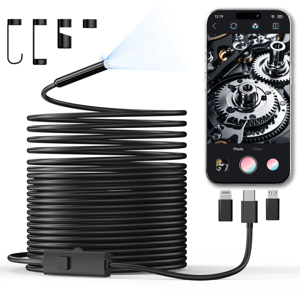 CTEOUNPT Endoscope Camera with Light, 1920P HD Borescope Inspection Camera with 8 Adjustable LEDs, IP67 Waterproof Semi-Rigid Snake Cable for Android, iPhone, and iPad(32.8ft, Single Lens)