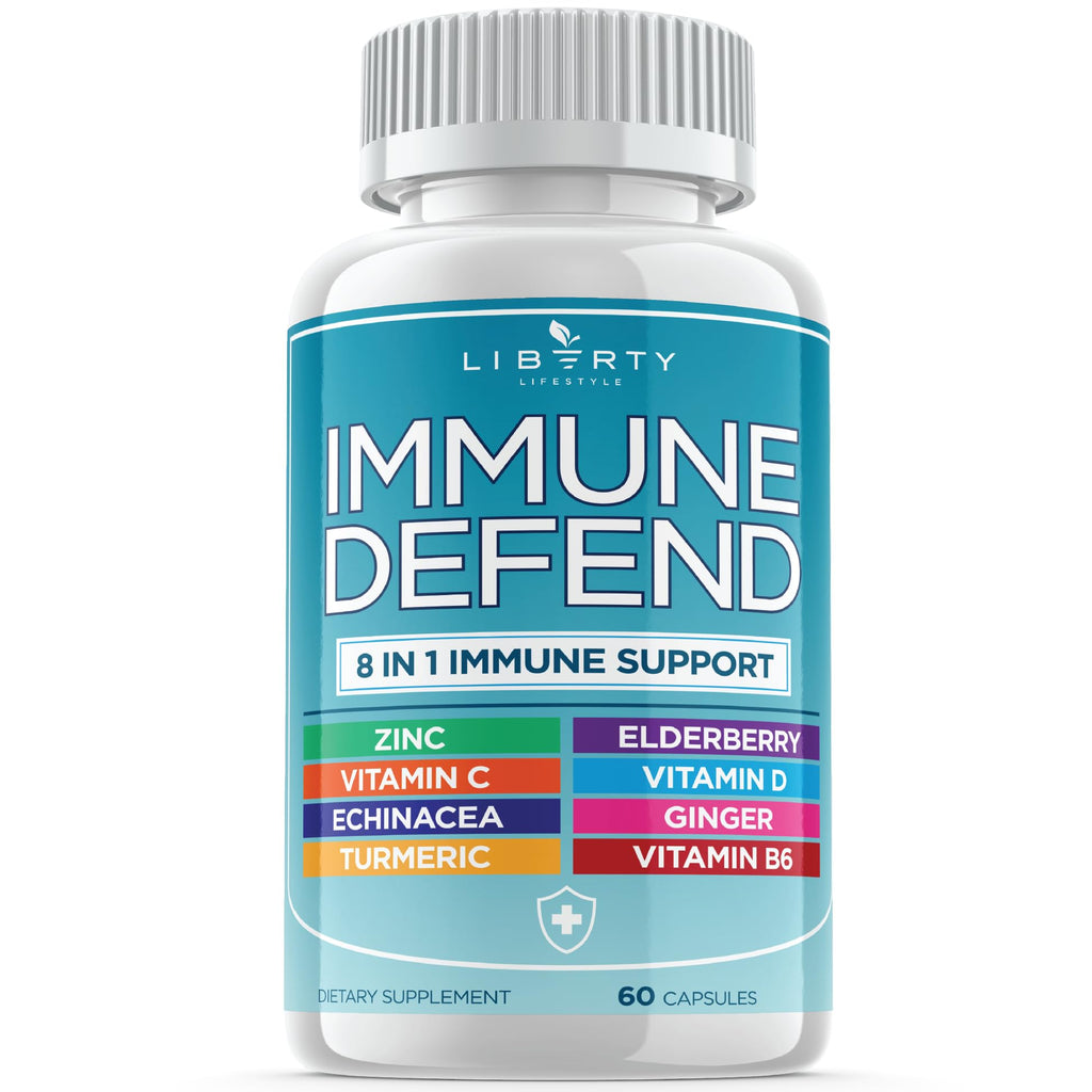 Liberty Lifestyle 8 in 1 Immune Supplement with Echinacea, Vitamin C and Zinc 50mg, Vitamin D 5000 IU, Turmeric Curcumin & Ginger, B6, Elderberry, 60 Capsules