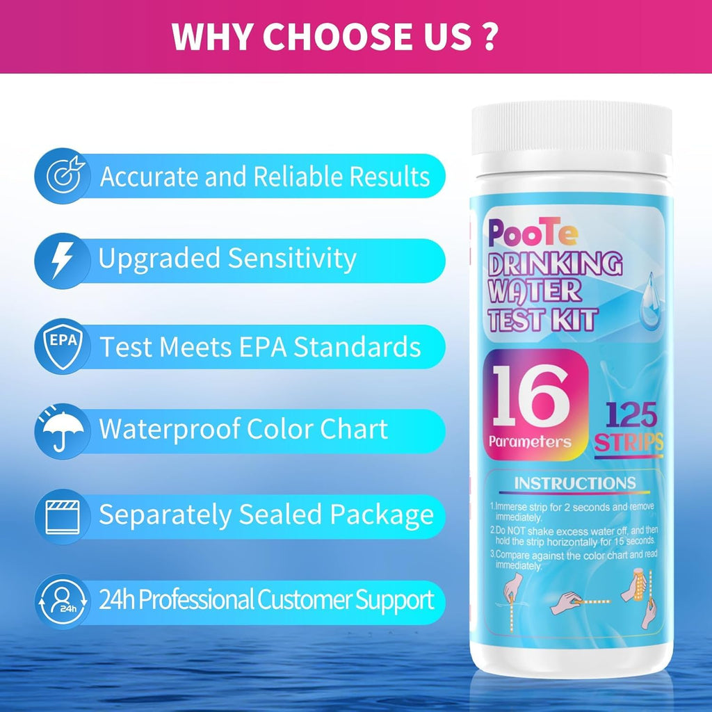 PooTe 21 in 1 Water Testing Kits for Drinking Water - Accurate Drinking Water Test Kit - Water Test Strips for House Water Well and Tap Water for pH Hardness Chlorine Lead Iron Bacteria & More