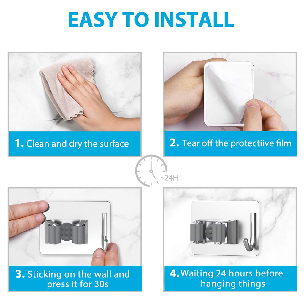 homeasy Mop Broom Holder No Drill, Mop Broom Organizer Wall Mounted Heavy Duty with Hooks Hanger, Self Adhesive Stainless Steel 6Pcs for Bathroom, Kitchen, Office (Silver)