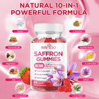 Saffron Gummies for Adult Kids, 10-IN-1 Formula with Saffron 88.5mg, Vitamins D3 & B6, Magnesium, Zinc, Ashwagandha, L-Theanine, St. John's Wort - Supports Mood & Focus, Strawberry Flavor, 60 Count